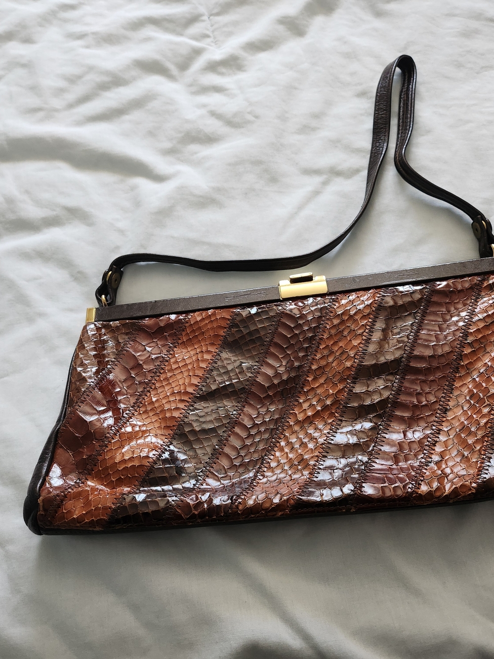 Snake-Embossed Diagonal Panel Shoulder Bag in Brown Multi